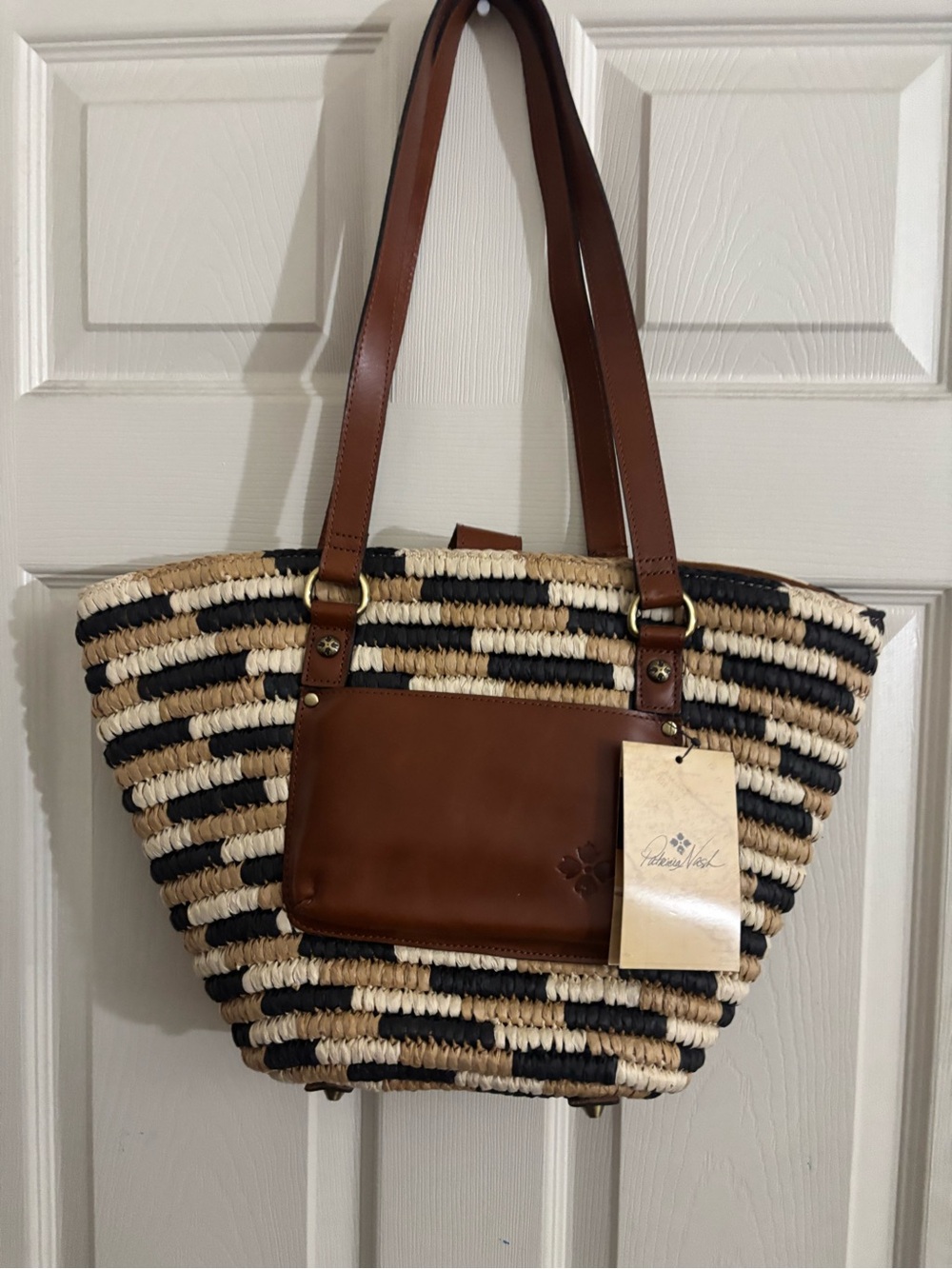 Patricia Nash Black, Cream & Brown Woven Straw Tote with Leather Pocket